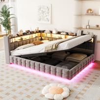 Daugiafunkcionalė minkšta lova, sofa-lova 140 × 200 cm, su hidrauline saugykla, LED juosta, USB, Type-C įkrovimo prievadais, aksomo audinio, šviesiai pilka 217 x 155.5 x 85 cm šviesiai pilka spalva