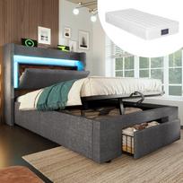 Upholstered Bed 90x200 cm with Hydraulic Storage, Headboard, LED Lighting and USB & USB-C Port, Wood Slat Frame, Grey, Linen, With Mattress 219 x 101 x 111 cm pilka