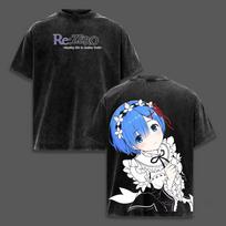 Re:ZERO Rem Cute‑Graphic‑Print Unisex Washed‑Cotton Manga‑Inspired Vintage Summer Harajuku‑Style Short‑Sleeve T-shirt S black