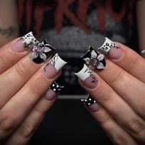 Floral Press On Nail Black White French Tip Square False Nail Set with 3D Flower Detail, for Party Ready Manicure Changes 1 gray