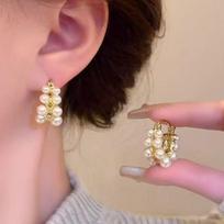Double Row Pearl Circle Earrings: Women's Light Luxury French Hoops A-140518023 black