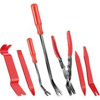 7 vnt. Automobilio apdailos šalinimo įrankių rinkinys su plastikiniu laužtuvu, Automobilio apdailos kniedžių spaustukų šalinimo įrankis durų skydeliui, prietaisų skydeliui, kėbului, Automobilio apmušalai red