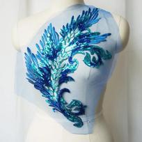 Patch Sequin Embroidery Sequin Appliques Phoenix Tail DIY Sew On Patch Feather Appliques Wedding Gown DIY Decoration blue