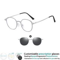 Round Polarized Clip Glasses Frame Metal Blue Light Blocking Optical Spectacles Customizable Prescription Spectacles #302078 Myopia -50 juoda