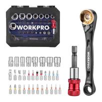 WORKPRO socket wrench set driver bit ratchet 6.35mm square drive 34 pieces mini dual-use handle extension holder storage case waist buckle DIY repair gray