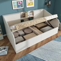 Hydraulic daybed 90x200 cm, white, wooden bed with 2 shelves, storage space & USB/Type-C charging station, slatted frame, single bed, without mattress 204 x 105 x 75 cm balta
