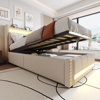 Upholstered Children's Bed 90x200cm with LED Lighting and USB Socket, Headboard with Shelves and Storage, Hydraulics for Storage, Linen Fabric Beige 224 x 100 x 115 cm smėlis