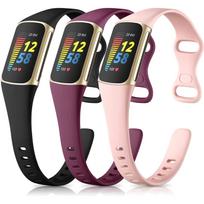 3 vnt. juostelių rinkinys, suderinamas su Fitbit Charge 5 juostelėmis/Charge 6 juostelėmis, moterims, vyrams, minkšto silikono, reguliuojamos sportinės juostelės, apyrankės, juoda/rožinė/vyno raudonumo black