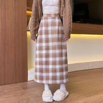 Woolen hip skirt autumn and winter retro 2025 new mid-length skirt for women all-match high waist slim A-line plaid skirt XL brown