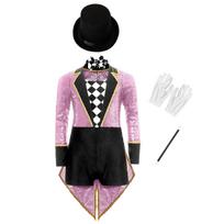 Unisex vaikų iliuzionisto kostiumas Cosplay Rinkinys Ilgomis rankovėmis Blizgučiai Šachmatinė lentelė Užtrauktukas Frakas Bodis Kaklaraištis Skrybėlė Magijos lazdelė 5-6 Years rožinė