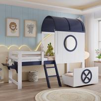 Bunk Bed, Children's Bed with Roof and Window, Lower Drawer with Wheels, Two-Step Angled Ladder, Pine + MDF + Plywood, White+Dark Blue, 90x200cm 203.5 x 131.5 x 200 cm