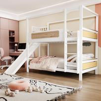 Bunk Bed Children's Bed 90*200 cm With house-shaped Bed Frame, cookie-shaped Protective Railings, Slide and extra-wide Safety Ladder, Wood Color 246.5 x 176 x 180 cm