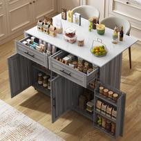 129x46(71)x91.5(95)cm Dining Cart/Sideboard, White Marble Countertop, Khaki Gray Cabinet, Extendable Countertop, Storage Door, Wheels, Solid Wood Legs 129 x 46 x 91.5 cm