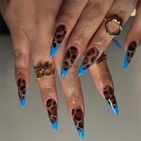 24Pcs Medium Stiletto Press On Nails Blue French Leopard Print Full Cover Reusable False Nail Tips gray
