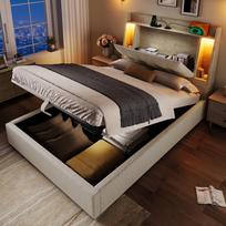 Upholstered Bed, 90x200 cm, With USB Type-C Charging, Without Mattress, Flip-Top Storage, LED Lighting, Push-Button/App Control, Linen, Beige 215 x 90.5 x 92 cm