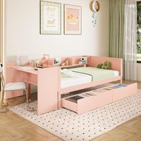 Low Bed, Wooden Bed, 90x200cm, with Desk, Equipped with 2 Drawers, Single Bed(Without Mattress), with Shelves, Pine+Chipboard, Pink 242 x 114 x 73 cm rožinė