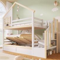 Bunk Bed, 90x200cm, Hydraulic, with Bed Rail, Storage Under the Bed, Window and House Decoration, White + Natural 252.5 x 95 x 213 cm
