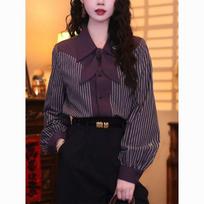 Hong Kong Retro Striped Women's Long-Sleeve Shirt - 2025 Autumn Lightweight High-End Stylish Casual Top L gray
