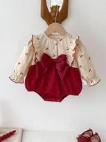 Baby Girl Newborn One Piece Romper Long Sleeve Infant Bodysuit with Bow and Ruffle Detailing Suitable for First Birthday Outfit 90 raudona