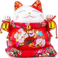 EnergyPower Maneki Neko Premium Porcelain Gold Fortune Cat Large Cushion Hand-painted Handmade Opening Celebration Business Lucky Item Improvement red
