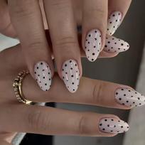 24Pcs French Almond White Polka Dot Bow Press On Nails Wearable Stick On Fake Nails