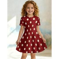 Girls' Retro Red Polka Dot Printed T-shirt Dress, Children's Daily and Party Casual A-line Dress Suitable for Birthday Gifts 100 beige