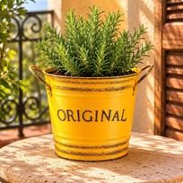 Round Metal Bucket Planter Distressed Finish Embossed Side Handles Vintage geltona