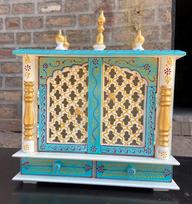 Embossed Painted Wood Mandir: Antique Finish Wall Shrine, Puja Ghar įvairiaspalvis