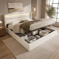 Hydraulic Storage Bed with LED Light Strip, Double Bed Bed Frame Upholstered Bed 160x200cm, Functional Bed, White (With Remote Control) 202 x 166 x 107.5 cm balta