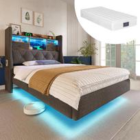 Upholstered Floating Bed 90x200 cm with LED Lighting, Headboard, Charging (1 Type-C, 3 USB) and Storage, Slatted Frame, Linen, Grey (With Mattress) 211 x 97 x 114 cm pilka