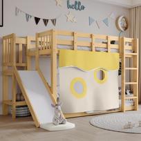 Bunk Bed, Wooden Bed with Stairs and Fences, with Bed Curtain, Slide, Children's Bed with Fall Protection and Guardrail, MDF+Pine, Natural, 90x200cm 244.5 x 165 x 140.5 cm natūrali