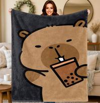 Blanket D Printed Capybara Animal Cartoon Cute Fun Milk Tea Element Throw BirthdayHoliday Gift SofaBedCampingOfficeTourism 75x100cm (30x40inch) black