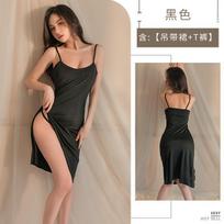 High elastic large size suspender nightdress set, erotic underwear, low neck open chest slit women's dress, sexy temptation one size bordinė