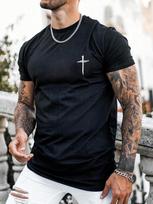 Unisex regular fit cross-print T-shirt, summer crew neck graphic T-shirt XXL black