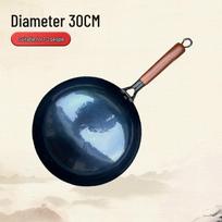 Zhangqiu Handmade Non-stick Iron Wok with Wooden Handle, Mirror Finish, Hand-forged Traditional Stir-fry Pan black