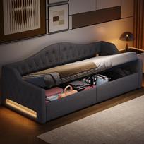 Upholstered 90x200 Daybed with LED Strip and Storage Underneath, Grey 213.5 x 98 x 69 cm pilka