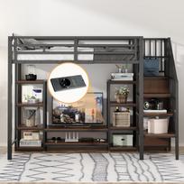 Loft Bed 90x200 with TV Stand, Socket and Safety Ladder, Metal-Wood Combination, Space-Saving, Children's Bunk Bed with Storage Space, Black 251 x 95 x 174 cm juoda
