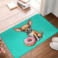 Chihuahua and donut design doormat, turquoise background, indoor entrance living room polyester carpet 60x90cm