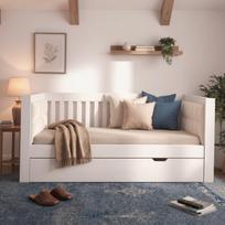 Daybed 90x200 cm with Pull-Out Bed 90x190, Wood, White, Ideal for Small Apartments or Guest Rooms, Slatted Frame, Easy Assembly (Without Mattress) 208 x 95 x 74 cm balta