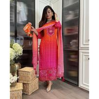 Gosriki Women' Rayon Viscose Straight Bandhej Printed Kurta With Pant & Dupatta (Shriha MultiGs Multicolor Large) M red