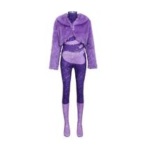 Anime new female singer Shakira cosplay set goat fur purple coat jumpsuit waist chain stage outfit Christmas and Halloween ho 110 purple