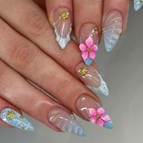 Almond Press On Nail With Blue French Edge and Flower Star Accents, Soft Sheer Base Full Cover Pieces for Daily Styling for Women Look 1 gray