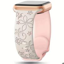 Bracelet for Apple Watch Series Ultra 2/3, 11, 10, 9 8 SE 7 6 5 4 3 2 1 42mm-44mm-45mm-46mm-49mm Silicone Flower Pattern Beige Pink smėlis