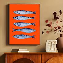 Colorful Sardines Lobsters Marine Animals Canvas Prints Retro Blue Fish Wall Art Posters for Modern Living Room Bar Home Decor 21x30cm No Framed white