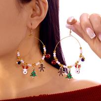 Christmas Hoop Drop Earrings Reindeer Tree Gingerbread Snowman Snowflake Santa Claus Imitation Pearl Crystal Bead For Women Men black