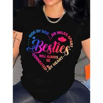 European Size Women'S Sisters Best Friend Rainbow Letter Print T-Shirt | Heart Butterfly Pattern, Casual Short Sleeve, Round Neck, All-Season Wearable 3XL juoda