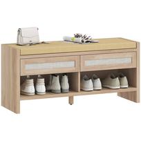 Entrance shoe bench, storage bench, padded linen seat, 2 rattan drawers and open shelf, oak 108 x 35 x 50 cm