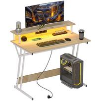 Gaming Desk with LED Lights 100x60 cm Power Outlets Monitor Stand Shelves and Remote Control Natural 100 x 60 x 88.5 cm