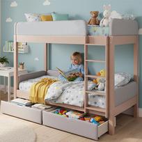 Bunk Bed, Soft Anti-Collision Foam Edge, Four-Step Straight Staircase, With Two Drawers, Slatted Frames, Rubber Wood + MDF, Grey+Natural, 90x200cm 213 x 103 x 177 cm pilka