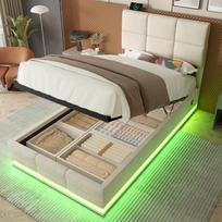 90x200 cm Velour Upholstered Bed with Height-Adjustable Headboard - USB/Type-C, LED Lighting, Hydraulic Lift, XXL Storage (without mattress) - Beige smėlis